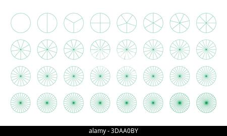 Grafici segmentati da 1 a 32 raccolte. Set di modelli di grafici per pizza e torta. Molti settori dividono il cerchio su parti uguali. Contorno verde Illustrazione Vettoriale