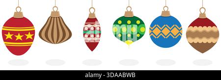 ornamenti natalizi vettoriali per le feste natalizie, palle natalizie vintage, oro verde rosso, set di illustrazioni grafiche vettoriali Illustrazione Vettoriale