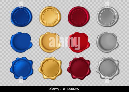 Set di francobolli a cera rosso, oro, argento e blu isolati su sfondo trasparente. Illustrazione vettoriale realistica 3D. Illustrazione Vettoriale