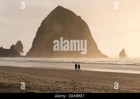 Coppia che cammina lungo la spiaggia di Cannon Beach con Haystack Rock che si innalza attraverso la nebbia costiera, Oregon, Stati Uniti. Foto Stock