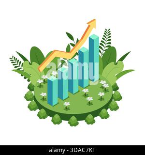 Crescita sostenibile isometrica con grafico finanziario ecocompatibile e freccia verso l'alto. Concetto di crescita sostenibile Illustrazione Vettoriale