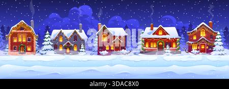 Villaggio o città di Natale, la notte nevosa d'inverno Illustrazione Vettoriale