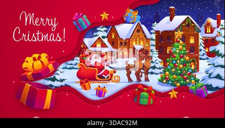 Saluto natalizio tagliato di carta, Babbo Natale in città invernale Illustrazione Vettoriale
