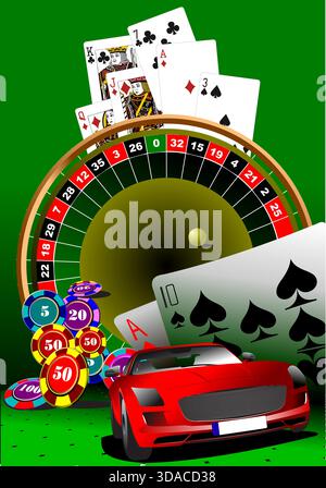 Auto sportiva rossa che vince alla roulette con carte da poker e patatine che illustrano il concetto di gioco d'azzardo. Illustrazione disegnata a mano Illustrazione Vettoriale