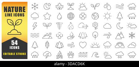 Il set di icone linea natura offre simboli puliti ed eleganti ispirati al clima, alle piante e agli elementi naturali. Perfetto per progetti a tema ecologico, Branding, applicazioni, Illustrazione Vettoriale