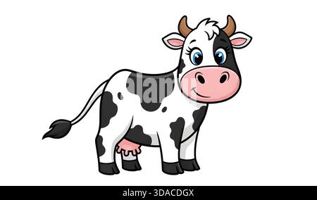 Illustrazione carina maculata in bianco e nero della mucca da latte - animali domestici amichevoli in piedi con mammelle su sfondo bianco Illustrazione Vettoriale