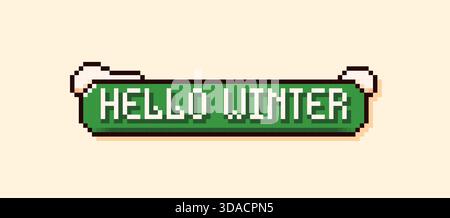 Fumetto natalizio con sfondo verde con la frase Hello Winter e le cime di neve. Illustrazione Vettoriale