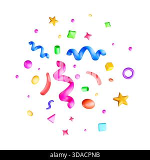 Colorate forme astratte 3d e coriandoli. Stravagante dispersione di stelle, cerchi e curlicues per festeggiare e festeggiare. Decorazione eventi e Illustrazione Vettoriale