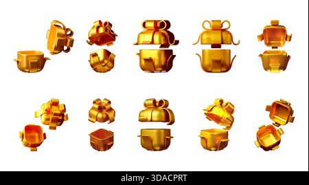 Confezione regalo d'oro con diverse viste e fasi di apertura e chiusura. Set di regali di lusso luccicanti per la promozione delle vacanze. illustrazione vettoriale stock 3d. Illustrazione Vettoriale