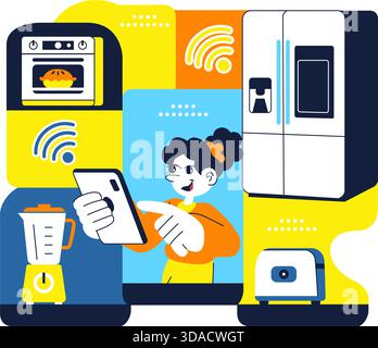Illustrazione degli Smart Kitchen Appliances per la casa moderna con tecnologia di cottura connessa e innovativi dispositivi digitali per la casa in background Illustrazione Vettoriale