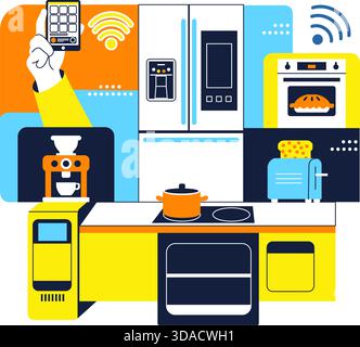 Illustrazione degli Smart Kitchen Appliances per la casa moderna con tecnologia di cottura connessa e innovativi dispositivi digitali per la casa in background Illustrazione Vettoriale