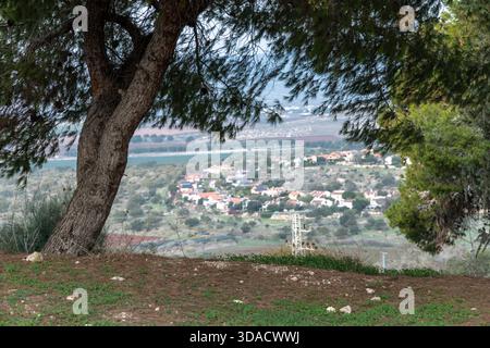 Vista panoramica del villaggio di Hoshaya attraverso i pini dal Parco Nazionale di Zippori nella Galilea settentrionale, Israele, con vista sui campi e sulle colline sotto un cielo soffice e nuvoloso Foto Stock