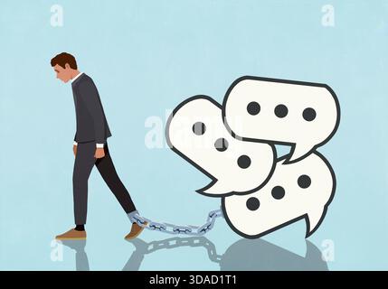 Messaggi di testo con bolle di conversazione attaccate alla caviglia dell'uomo su sfondo blu Foto Stock