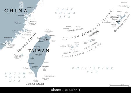 Taiwan, e Prefettura di Okinawa del Giappone, mappa politica grigia. Taiwan, o Repubblica di Cina, ROC, un paese dell'Asia orientale. Foto Stock