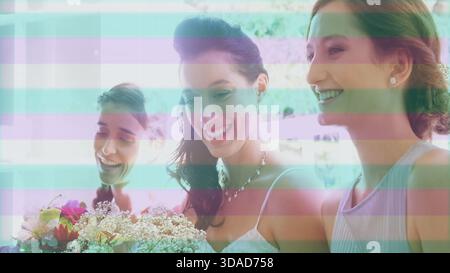 La sposa e le damigelle sono in piedi in un'illustrazione di matrimonio dal design piatto, mostrando mazzi floreali Foto Stock