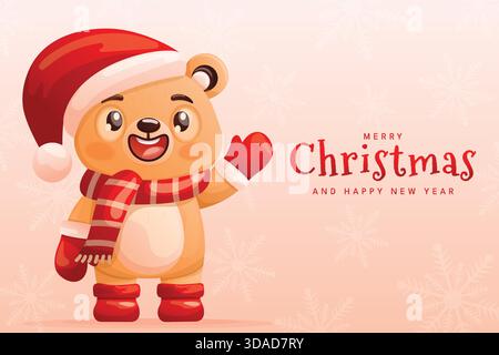 Buon Natale simpatico orso sciarpa con cappello di Santa sfondo rosso. Illustrazione Vettoriale