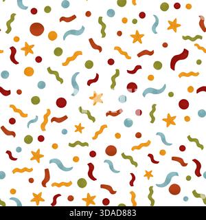 Un motivo festoso e senza cuciture di coriandoli multicolore in stile piatto. Acquerello, pastello, realizzato a mano in colori caldi. Elemento di design per la stampa Foto Stock