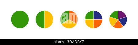 Infografica sui diagrammi multicolore. Grafico della sezione circolare. Ruote divise in sezioni. Carte per pizza multicolore, torte segmentate da 1 a 5 uguali Illustrazione Vettoriale