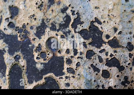 Superficie di fondo astratta di rocce ruvide e porose. Il motivo naturale delle pietre intemprate con dettagli grunge ed erosione crea misteriosi e organici Foto Stock