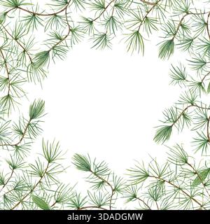 Cornice quadrata con rami di arco europeo di colore verde acquerello su sfondo isolato. Bordo albero Larix con spazio vuoto per il testo. Modello natalizio Foto Stock