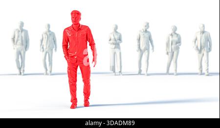 Persona in rosso che si distingue dalla massa 3d. Foto Stock