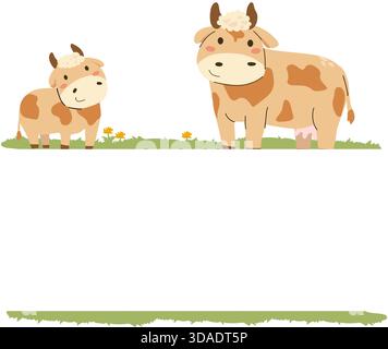 Modello di telaio per animali dell'azienda vettoriale isolato. Mucche da cartoni animati sul campo di erba con spazio vuoto. Illustrazione Vettoriale