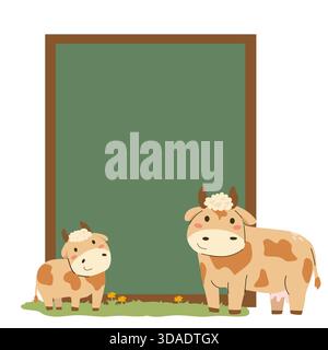Modello di telaio per animali dell'azienda vettoriale isolato. Mucche da cartoni animati sul campo di erba con tavola verde. Illustrazione Vettoriale