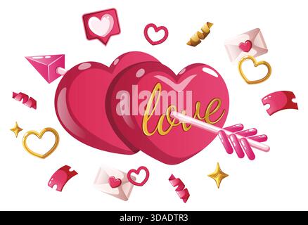 San Valentino Vector ArtWork: Two Hearts with Golden Love inscription, Struck by Cupid's Arrow circondato da lettere d'amore ed elementi decorativi Illustrazione Vettoriale