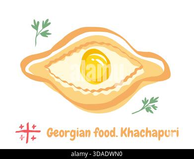 Illustrazione vettoriale del cibo georgiano del khachapuri Ajariano in stile doodle. Khachapuri, cibo della Georgia. Illustrazione Vettoriale