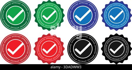 Set di distintivi con segno di spunta approvato in più colori Illustrazione Vettoriale