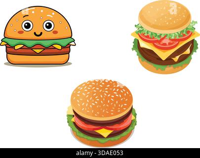 Tre hamburger diversi, uno stile cartoni animati, due stili realistici, isolati Illustrazione Vettoriale