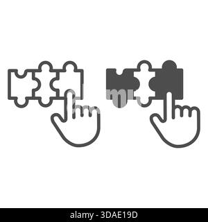 Puzzle e mano con riga indice e icona a tinta unita, concetto di individuazione della soluzione dei problemi, insegna di abilità del gioco del puzzle su sfondo bianco, contorno stile ico Illustrazione Vettoriale