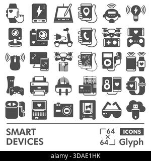 Set di icone glifi dei dispositivi portatili, raccolta di simboli o schizzi di gadget intelligenti. Prodotti digitali, smartphone, stampanti 3d in stile glifo per Web e app Illustrazione Vettoriale