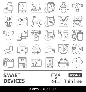 Set di icone di linea sottile per dispositivi intelligenti, raccolta di simboli o schizzi di gadget portatili. Elettronica digitale cartelli in stile lineare per Web e app. Graphi vettoriale Illustrazione Vettoriale