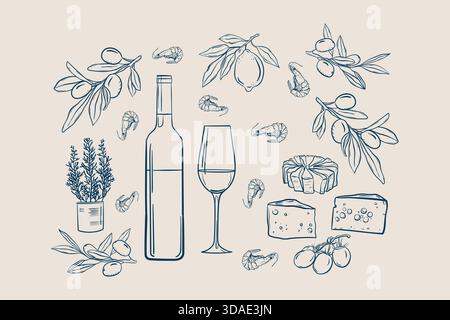 Vino o champagne e bicchiere, ​​different a fette di formaggio, gamberetti italiani in stile inchiostro disegnato a mano Illustrazione Vettoriale