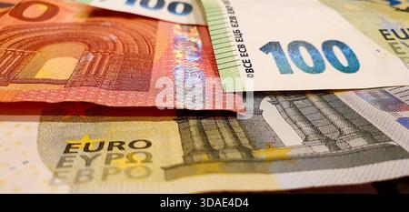 Banconote in euro background,banconote in euro utilizzate nei paesi dell'Unione europea. Foto Stock