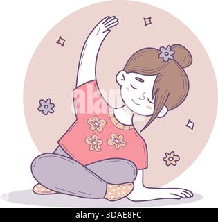 Ragazza carina che fa fitness, Yoga. Il personaggio femminile si siede e si allunga. Colore disegnato a mano, doodle in tenui colori pastello. Illustrazione vettoriale. I bambini li collezionano Illustrazione Vettoriale