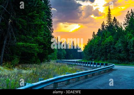 Una strada panoramica di campagna che si snoda attraverso una fitta foresta, splendidamente illuminata dalla calda e dorata luce del tramonto Foto Stock