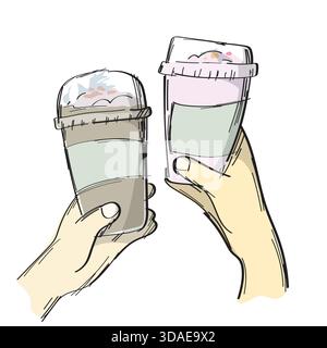 due mani che reggono un rinfrescante disegno vettoriale di una bevanda a base di caffè ghiacciato con linee nere Illustrazione Vettoriale