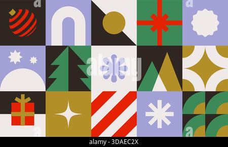 Motivo geometrico natalizio senza cuciture con colori retrò. Griglia minimalista con simboli astratti per le vacanze invernali. Grafica piatta semplice e pulita in forma quadrata. Design in stile scandinavo. Vettore EPS10. Illustrazione Vettoriale