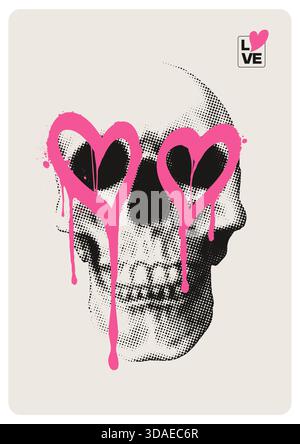 Illustrazione del cranio con texture mezzitoni e graffiti con cuore rosa sugli occhi, audace design Valentine con un'estetica audace e uno stile a contrasto. Grafica vettoriale EPS10, illustrazione vettoriale modificabile. Illustrazione Vettoriale