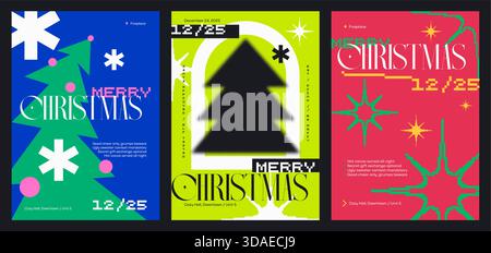 Moderni poster natalizi in stile minimal retro pixel con un'audace tipografia. Elegante stile anti-design. Perfetto per stampe natalizie e social media. Pronto per la stampa grafica vettoriale EPS10. Illustrazione Vettoriale