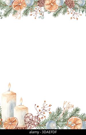 Inverno, cornice verticale quadrata di Natale, bordo. Modello di carta con piante invernali, candele e giocattolo in vimini. Illustrazione a mano di una casa accogliente con motivi botanici Foto Stock
