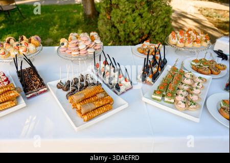 Un tavolo con un assortimento di macaroon, tartine, wafer roll e dessert al cioccolato. Primo piano del tavolo da banchetto con una varietà di spuntini dolci e salati Foto Stock