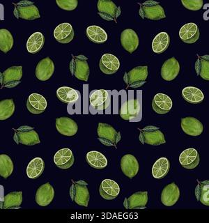 Uno splendido motivo senza cuciture con vivaci frutti verdi di lime su sfondo scuro. Questo design dipinto a mano trasuda una ricca atmosfera tropicale, il maki Foto Stock