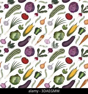 Un vivace motivo senza cuciture caratterizzato da una varietà di verdure colorate su uno sfondo bianco pulito. Foto Stock