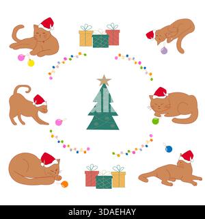 Grazioso motivo natalizio con gatti e decorazioni natalizie Illustrazione Vettoriale