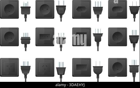 Vari tipi di connettori elettrici e prese in plastica nera. Apparecchiature elettriche 3D. Standard europei e americani. Cavo di alimentazione scuro Illustrazione Vettoriale