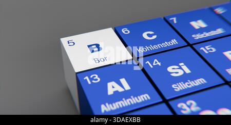 Vista di dettaglio dell’elemento chimico B boro (tedesco: BOR) con il numero atomico 5 nella tavola periodica degli elementi in tedesco. Dispersione dinamica Foto Stock
