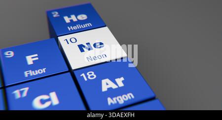Vista di dettaglio dell'elemento chimico ne Neon con il numero atomico 10 all'interno della tavola periodica degli elementi in tedesco. Effetto di dispersione dinamica al Foto Stock